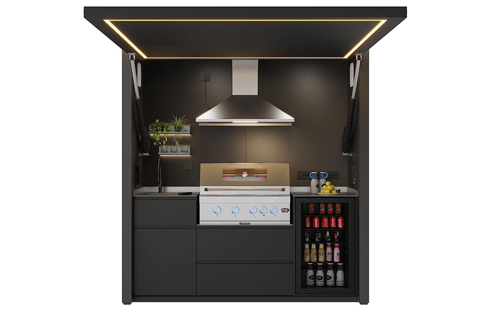 HG-M1 Outdoor Kitchen Pod front view with editable configuration annotations