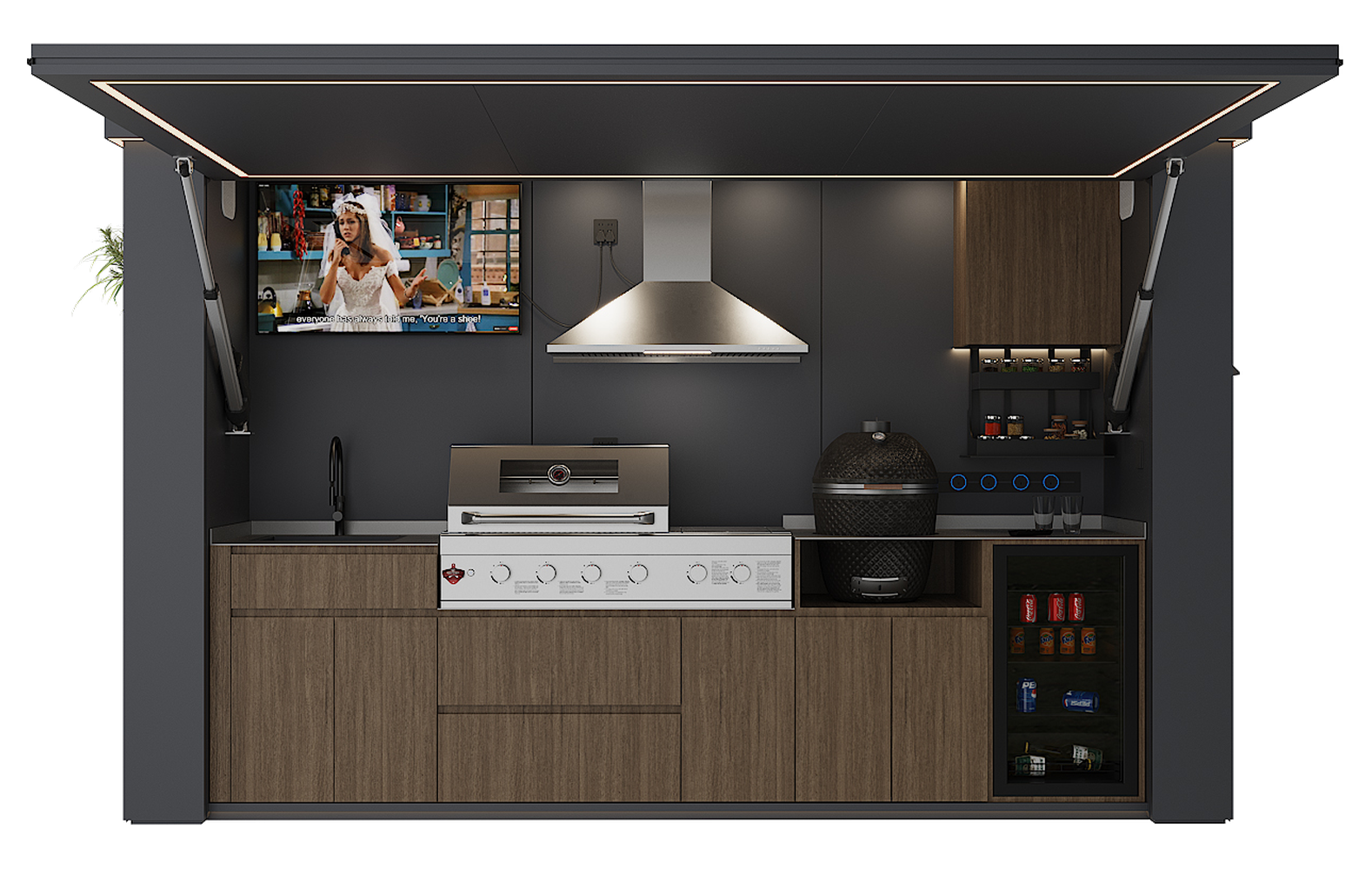 HG-P1 Outdoor Kitchen Pod front view with editable configuration annotations