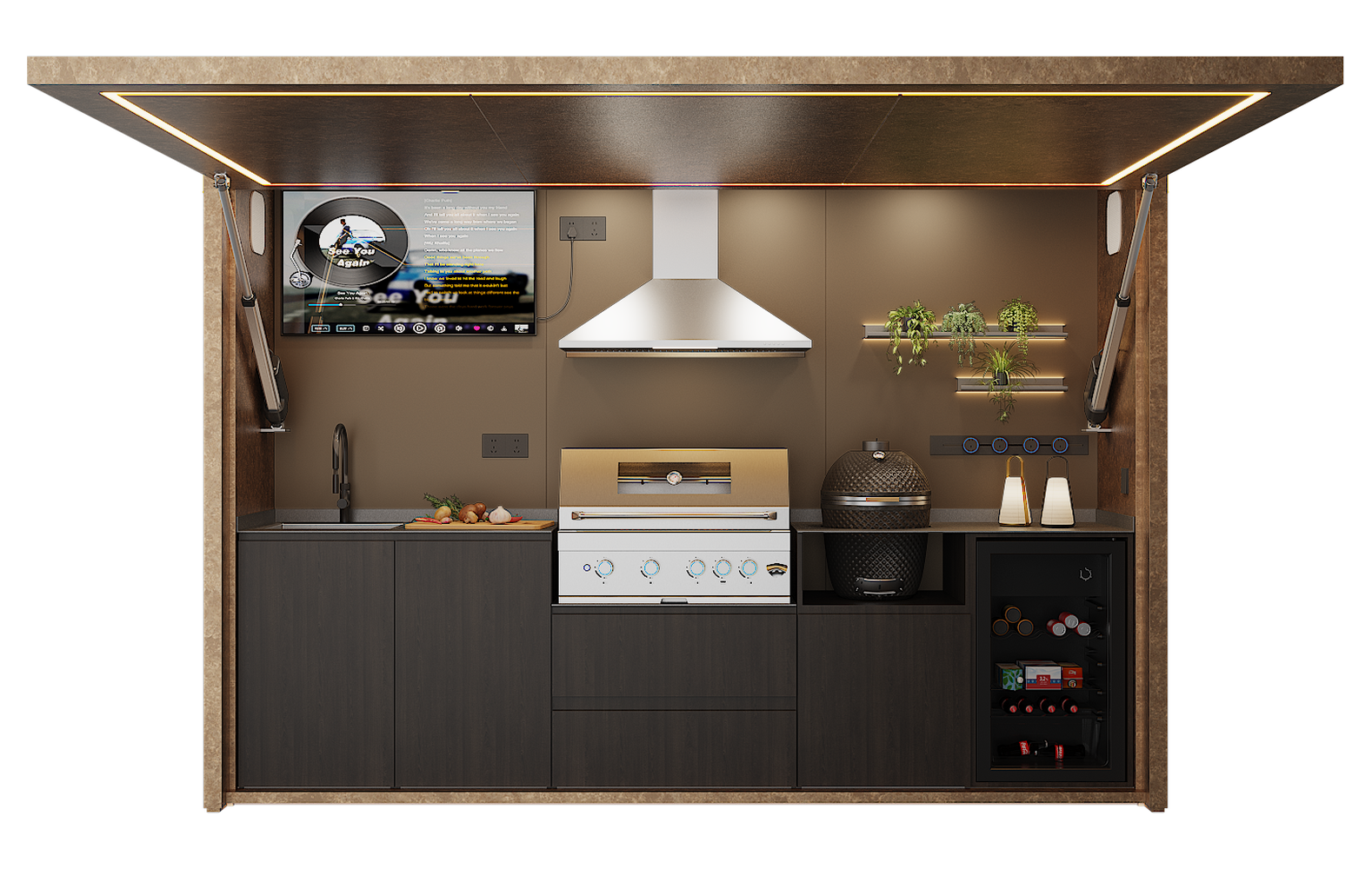 HG-S1 Outdoor Kitchen Pod front view with editable configuration annotations