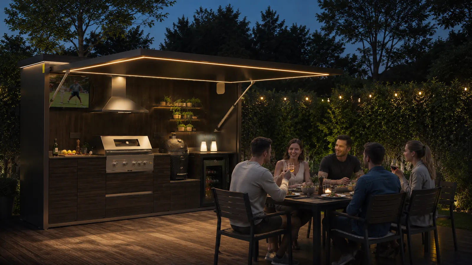 Evening dinner with H-POD outdoor kitchen pod