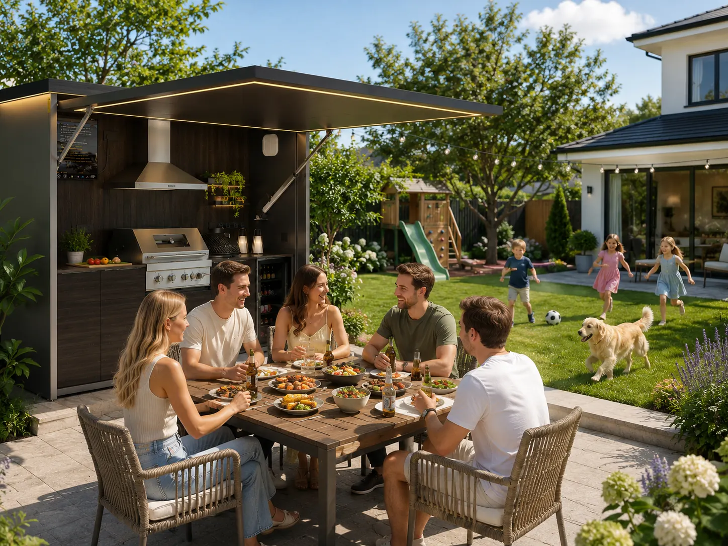 Sunny garden BBQ lunch with H-POD outdoor kitchen